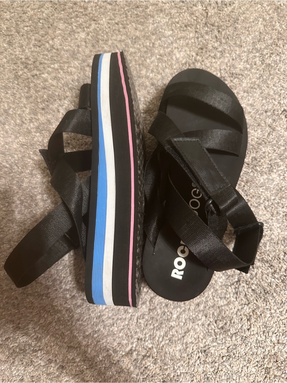 Rocket Dog Black Platform Sandals with Pink & Blue Stripes